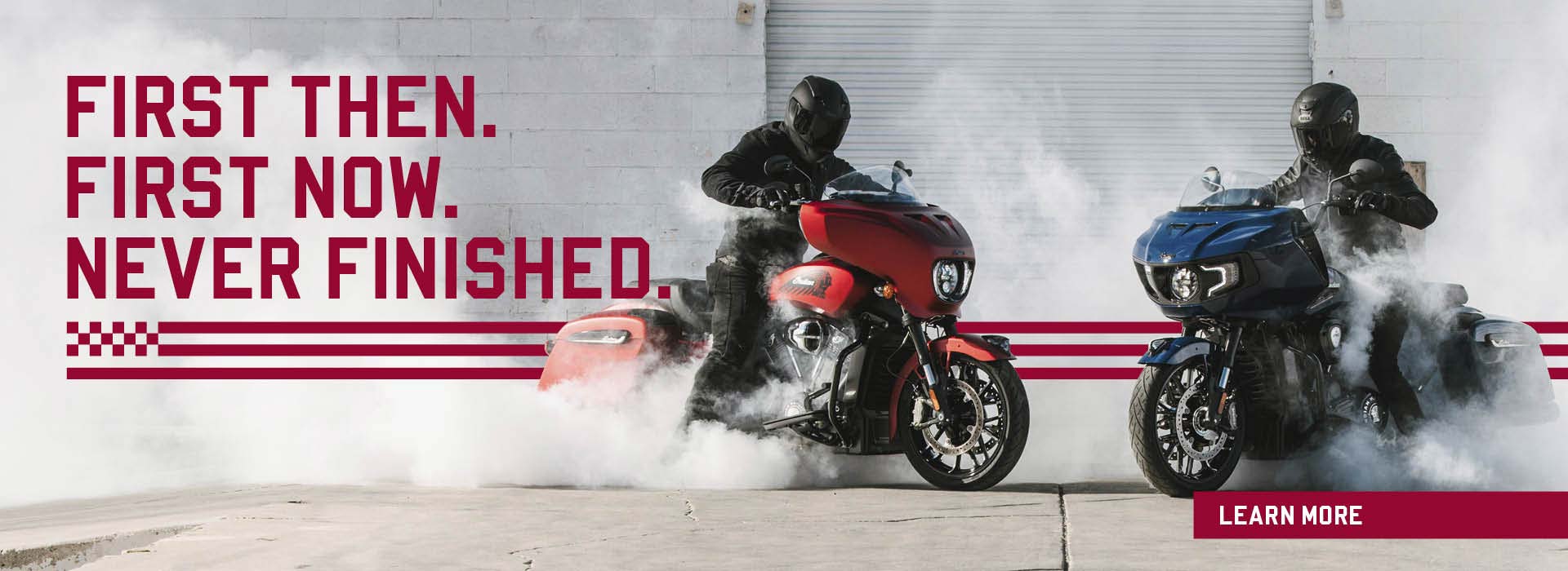 Lineup of Indian PowerPlus motorcycles parked in the desert.
