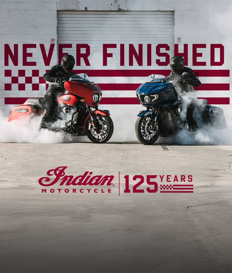 Lineup of Indian PowerPlus motorcycles parked in the desert.